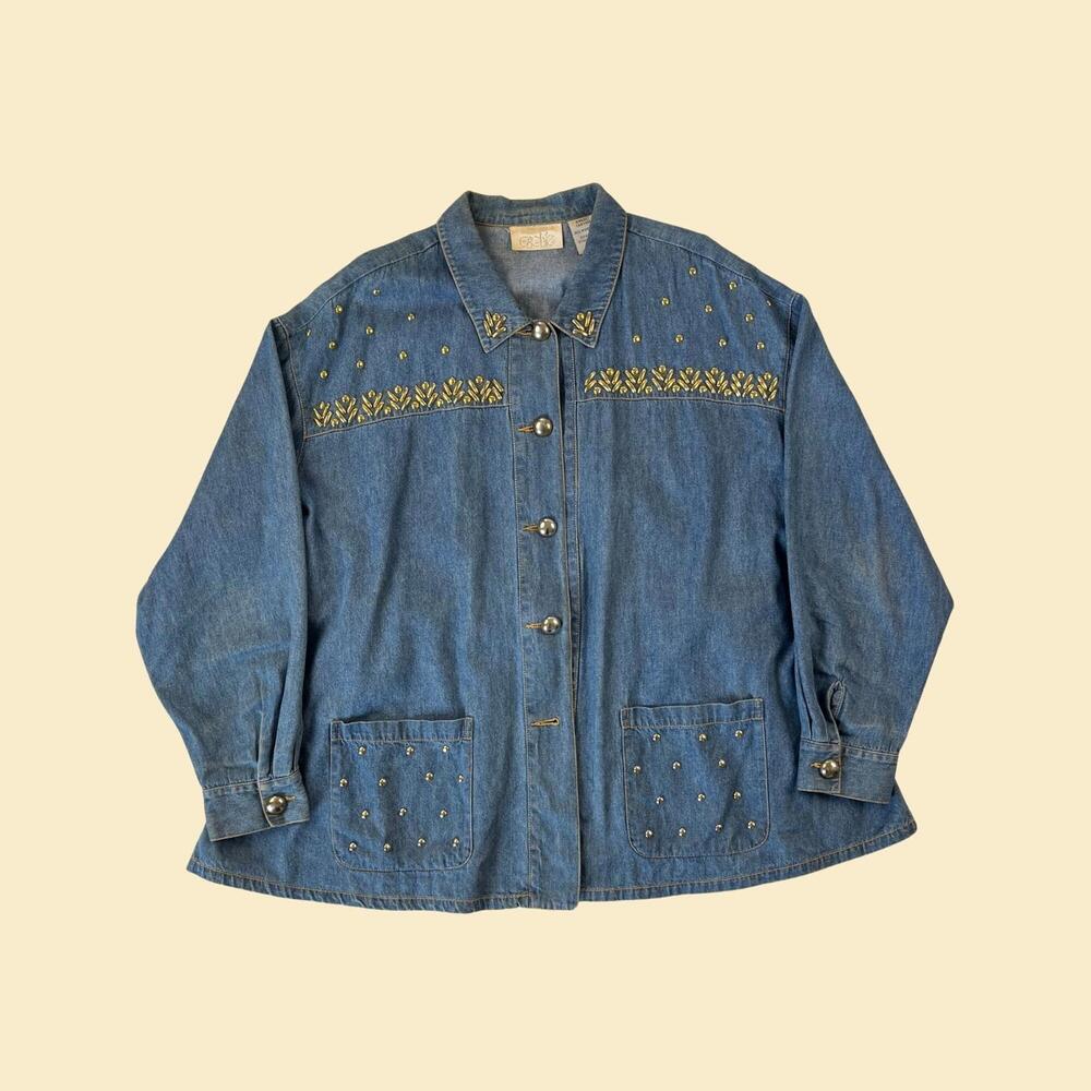 Vintage 80s Caché denim / chambray button down shirt, size L vintage funky top